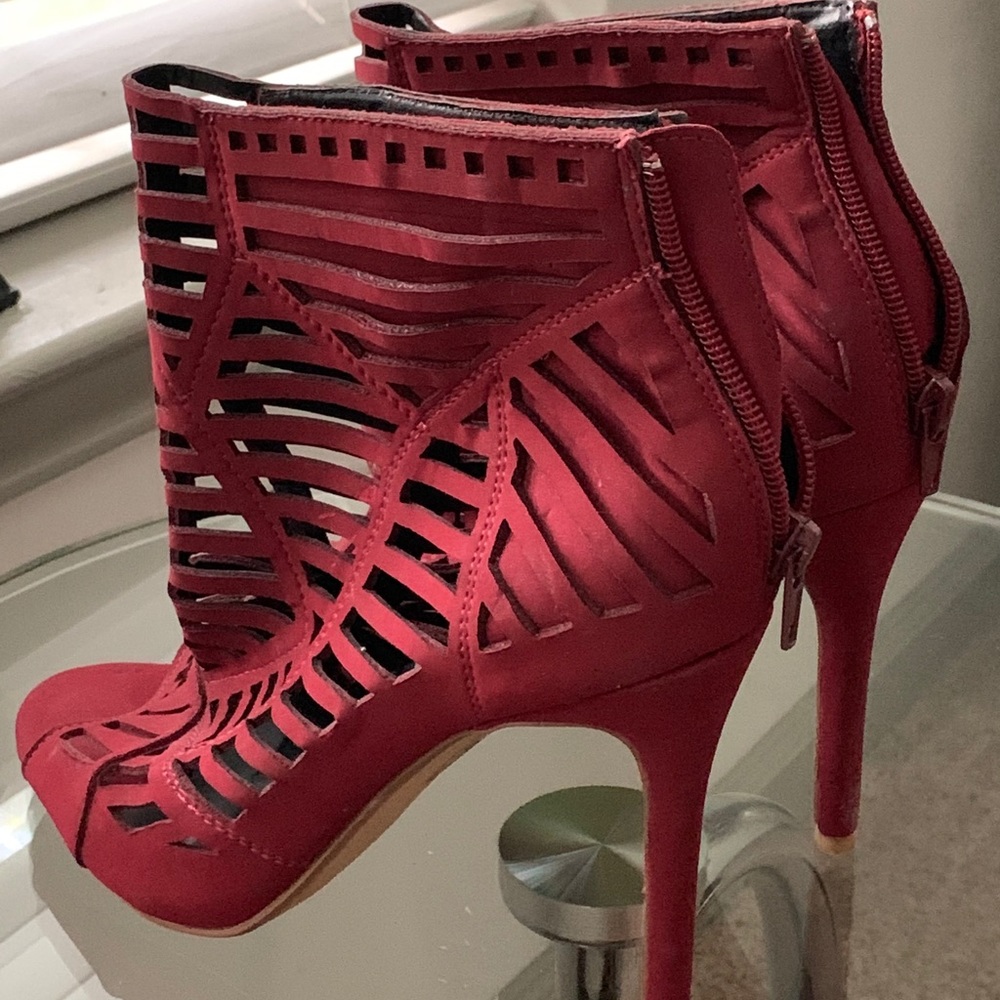 Burgundy Suede Cutout Cage Heels 8